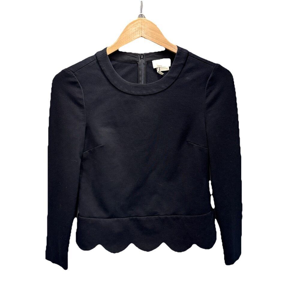 Kate Spade Black Ponte Knit Top 00 Long Sleeve Scallop Hem Minimalist Classic